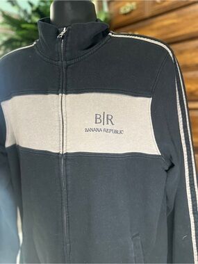 Banana Republic Men's Black and Beige Zip-Up Sweater Jacket Size XL